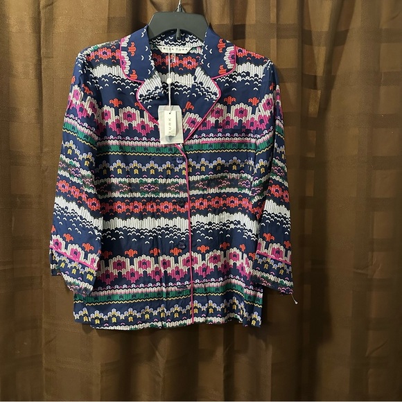 NWT TRINA TURK Ira 3 100% Silk Pajama Style Top ~ Fairisle Print small reg $145 - Picture 5 of 10